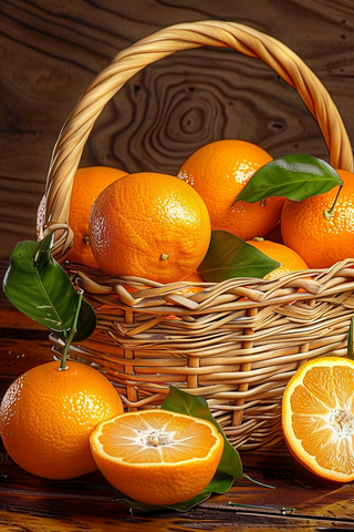 橘子橙子编织篮水果摄影图