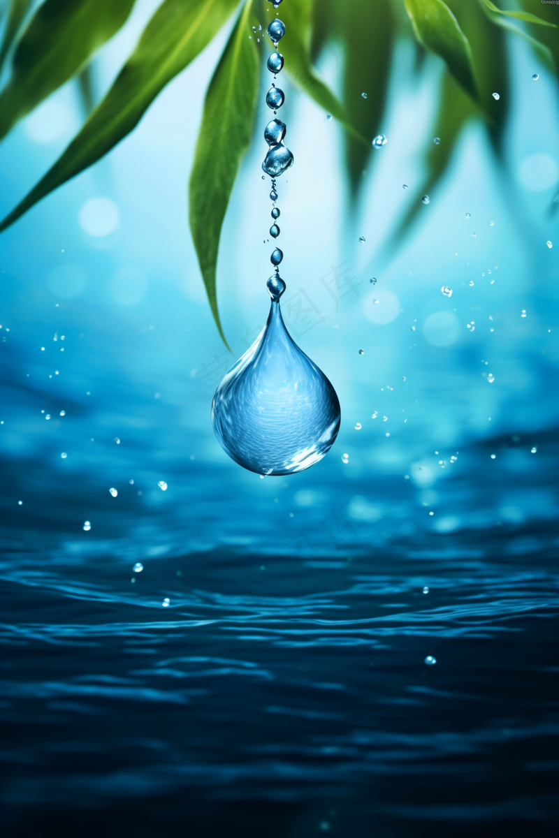 水滴水面蓝色背景绿叶摄影图