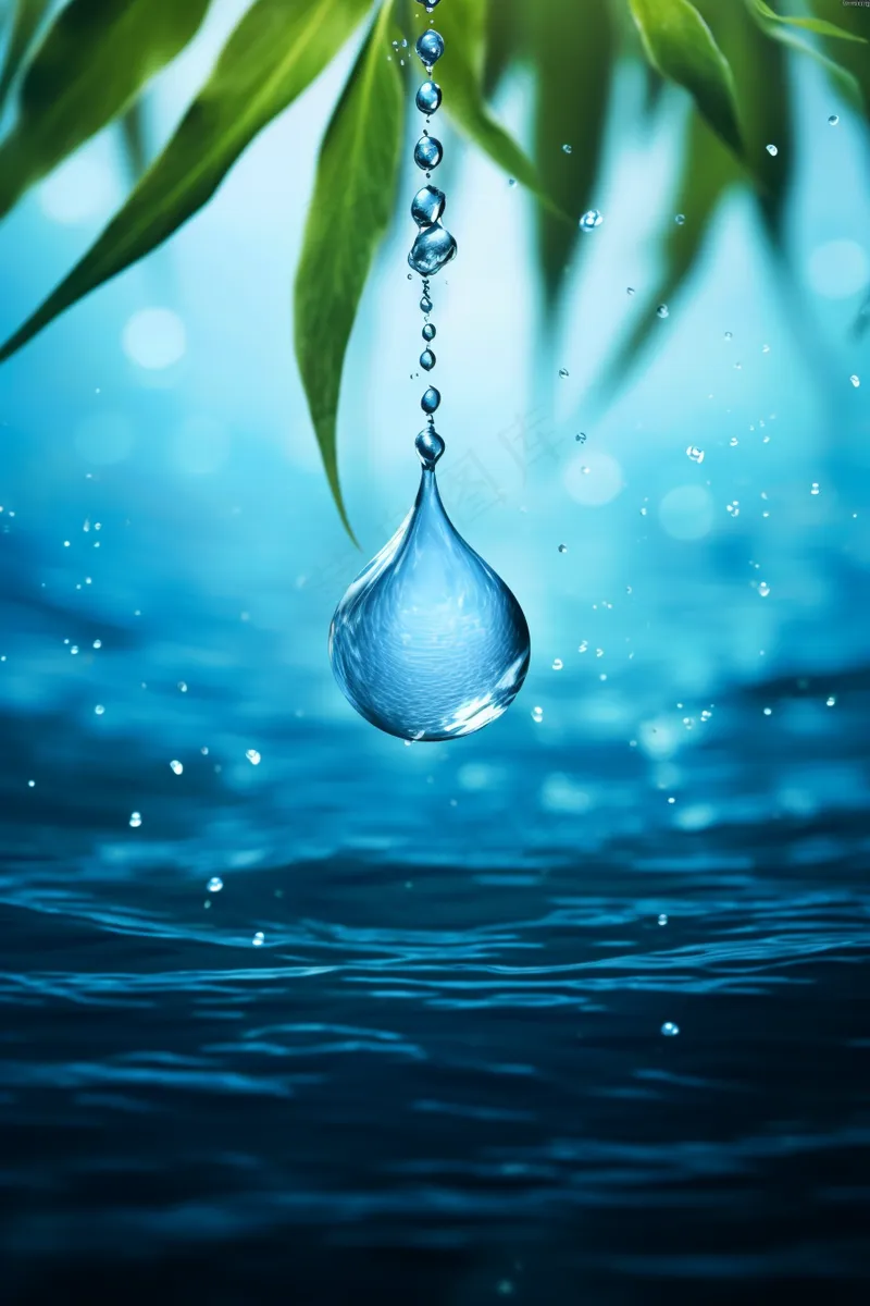 水滴水面蓝色背景绿叶摄影图(2688x4032)