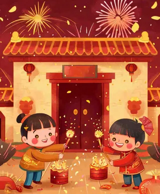 新年热闹儿童在家门口放烟花春节喜庆庆祝春节小年除夕夜元宵卡通插画背景