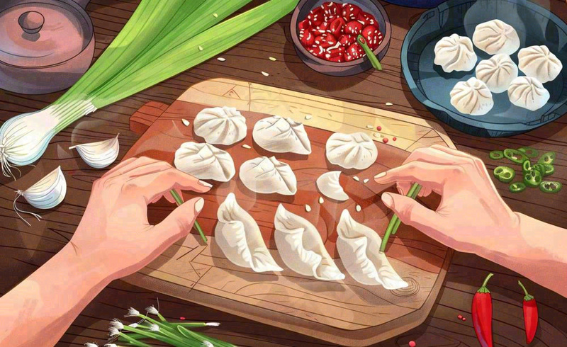 冬至包饺子场景卡通手绘插画背景(1408x864)