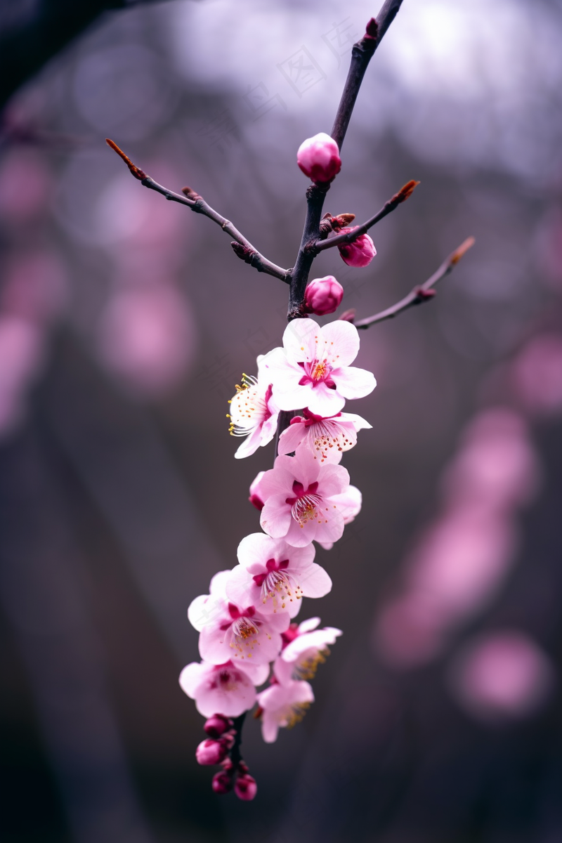 粉梅花春天桃花樱花树枝抽新芽摄影图