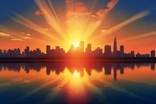 傍晚夕阳下的城市剪影落日晚霞倒影在湖面摄影图