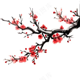 梅花红色冬天国画水彩画免抠
