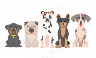小狗宠物狗做成一排卡通插画免抠