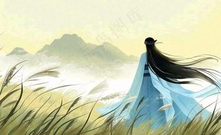 古风小清新手绘白露插画山下芦苇与古装男仙侠插画背景