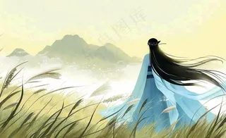 古风小清新手绘白露插画山下芦苇与古装男仙侠插画背景