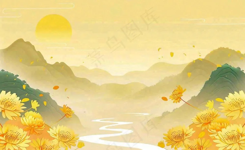 金秋菊花山水国潮插画中秋重阳立秋秋分插画背景(1408x864)