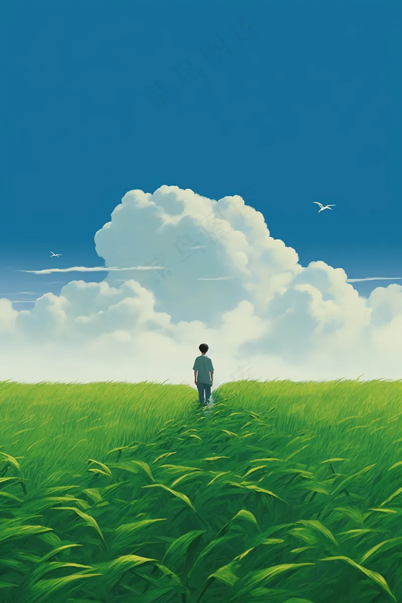 蓝天白云天空之境男孩随风卡通插画背景(2688x4032)