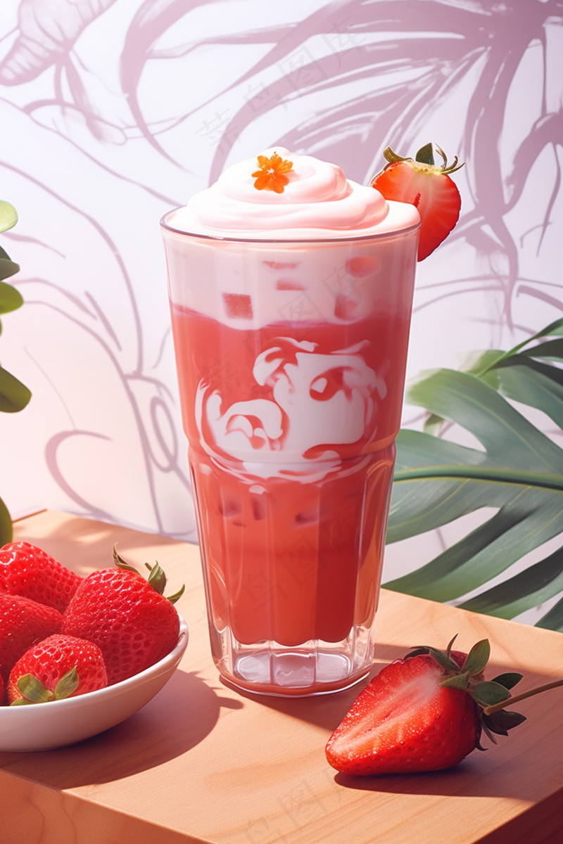 草莓奶昔奶茶饮料摄影图 