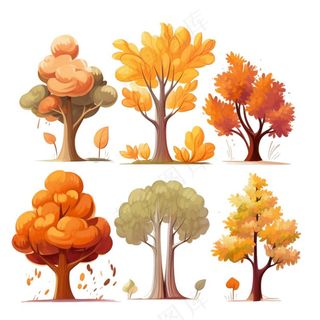 秋天黄了树木卡通插画元素免抠