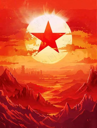 红色党建祖国山河剪影五角星城市旗帜建军建党油画插画背景