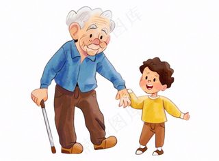 孙子牵着爷爷孝敬老人陪伴亲情人物卡通插画免抠