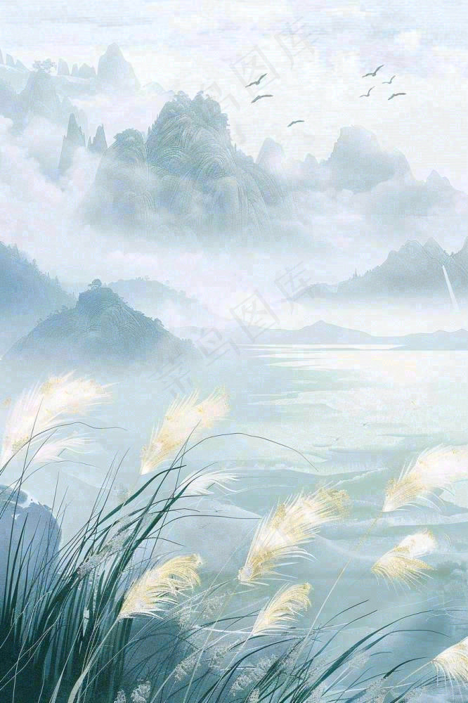 山水水墨芦苇白鹭古风白露寒露处暑插画水彩画背景(896x1344)