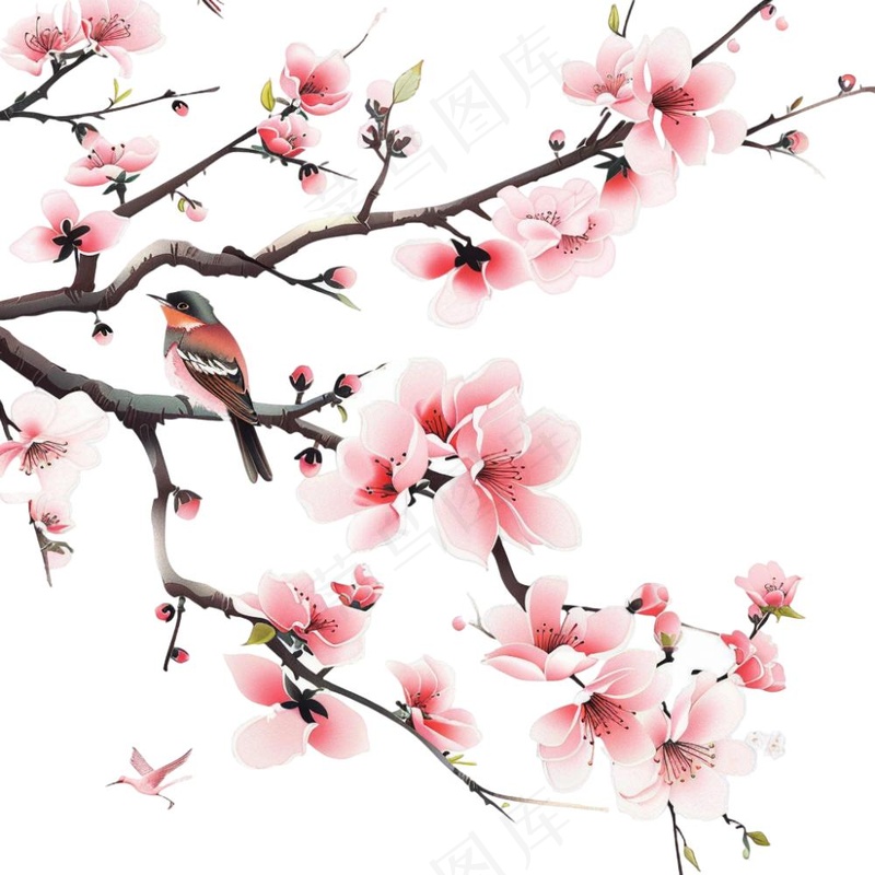 春天桃花树枝小鸟插画免抠