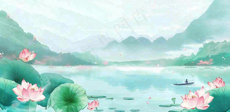 夏天山水荷花莲花清凉淡雅绿色中国风插画夏至大暑小暑背景(1568x768)