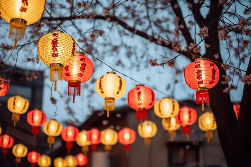 新年树梢挂着红灯笼喜庆摄影图(4032x2688)