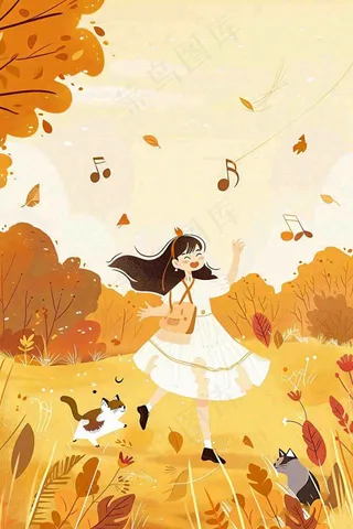 秋游展板梦幻秋景女孩秋游野餐欢乐音乐起舞动物动员立秋秋分卡通插画背景