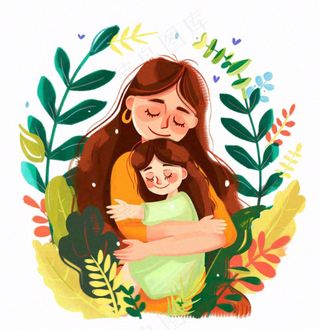 妈妈抱着孩子母亲花草环抱亲情卡通插画免抠
