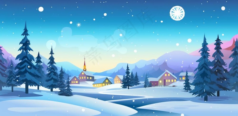 冬季雪天圣诞小镇装饰夜晚节日氛围卡通插画背景(1568x768)