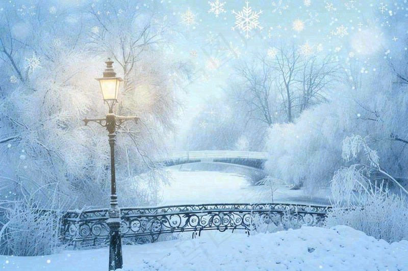 冬天白雪皑皑雪景河流街道路灯桥小雪大雪冬至雪花背景