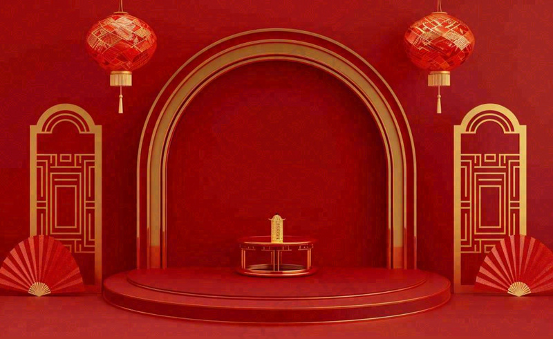 红金创意拱门喜庆新年扇子灯笼C4D展台背景春节背景