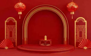 红金创意拱门喜庆新年扇子灯笼C4D展台背景春节背景