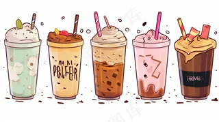 夏日奶茶果茶饮料冰饮卡通插画背景