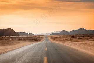 延绵的公路夕阳落日余晖晚霞摄影图