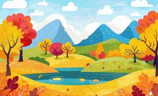 秋天金黄的森林山坡树木落叶蓝天白云立秋秋分处暑卡通插画背景