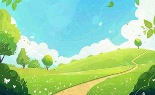 春日风景草地蓝天白云背景立春春分节气绿色卡通插画背景