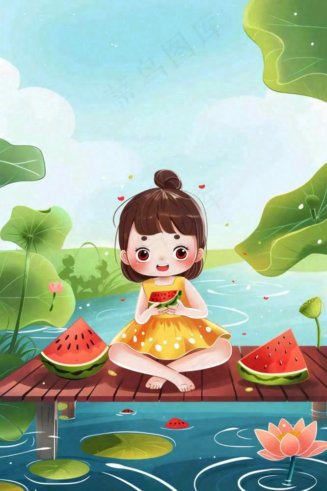 夏天荷花湖木桥上吃西瓜的女孩清凉立夏夏至大暑小暑卡通插画背景(896x1344)