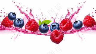 蓝莓树莓水花四溅新鲜水果摄影图