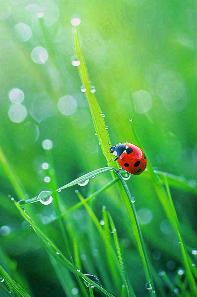 绿叶草丛露珠瓢虫昆虫雨水谷雨惊蛰摄影图(896x1344)