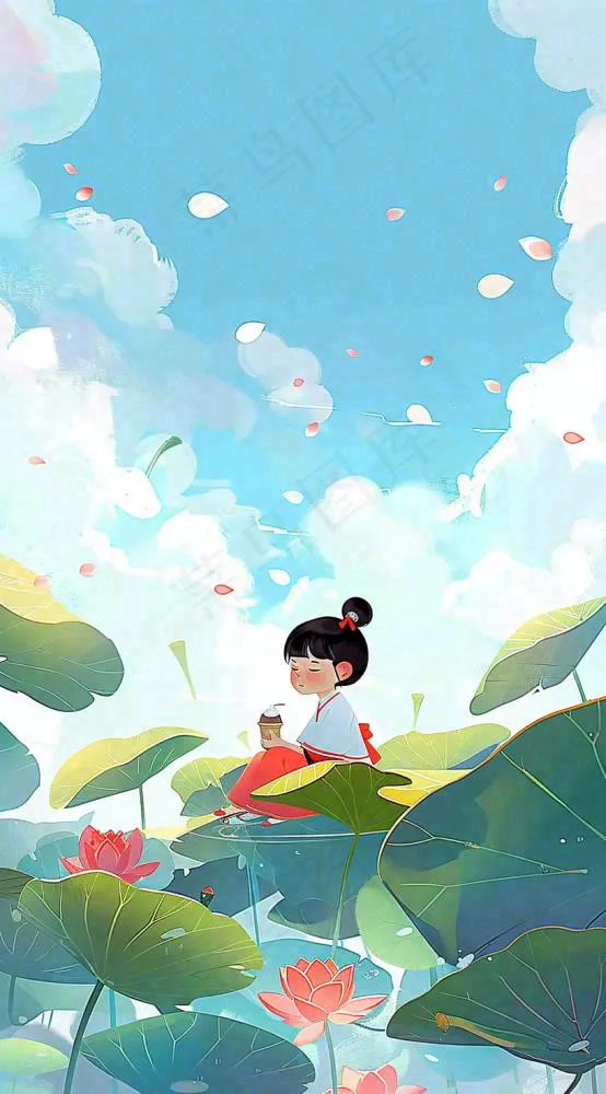 夏日荷花荷叶上的女孩古风人物插画蓝天白云立夏夏至插画背景(816x1472)