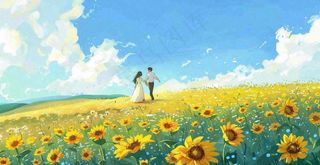 向日葵花海里的情侣恋人浪漫蓝天白云立夏夏至情人卡通插画背景