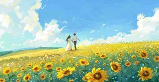 向日葵花海里的情侣恋人浪漫蓝天白云立夏夏至情人卡通插画背景