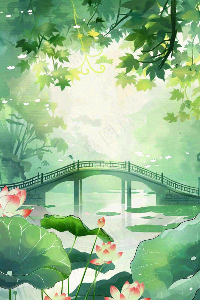 春夏绿意风景小清新荷花池塘拱桥绿荫阳光惊蛰春分立夏夏至水彩插画背景(896x1344)