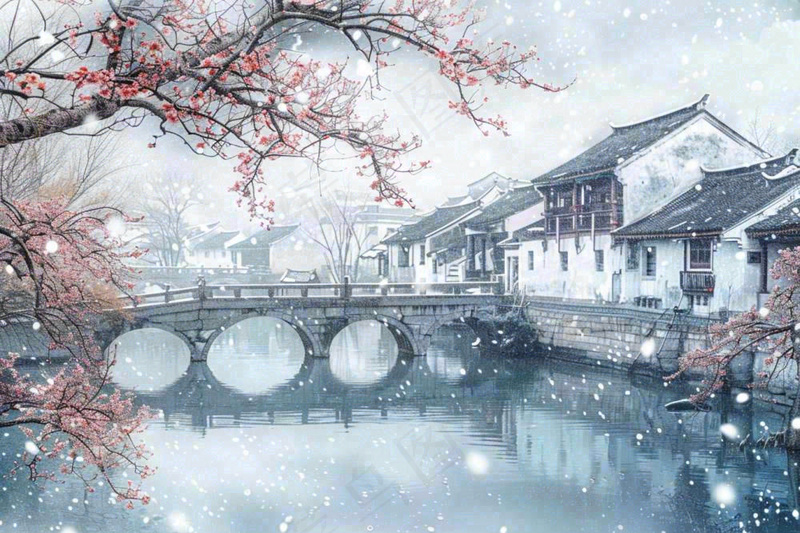 中国江南水乡小镇拱桥梅花小雪安徽冬天寒冷立冬冬至水墨画插画(1344x896)