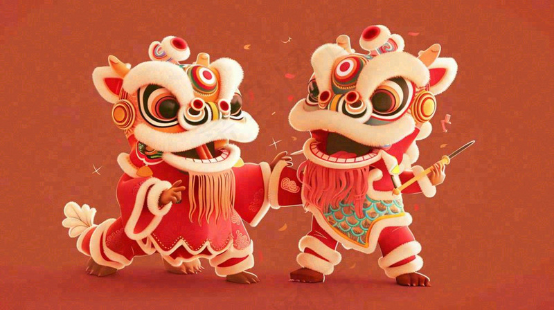 中国式舞狮舞龙卡通插画新年春节节日庆祝红色背景(1456x816)