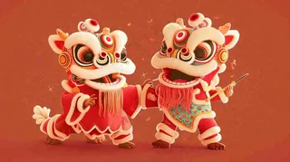 中国式舞狮舞龙卡通插画新年春节节日庆祝红色背景