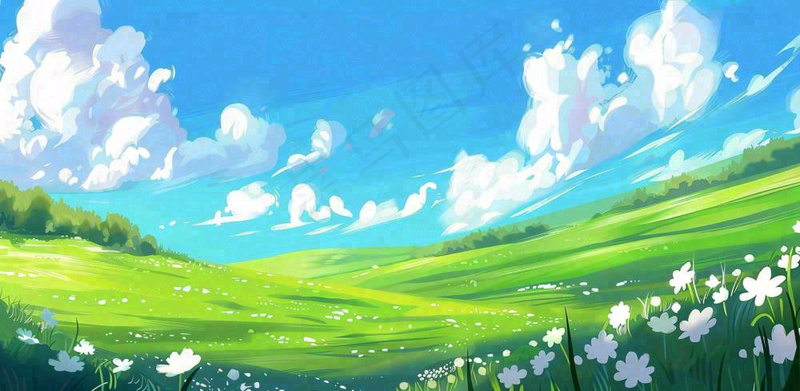 立春 春天背景立春 春天插画春天唯美天空蓝天白云草地手绘风景插画背景(1568x768)