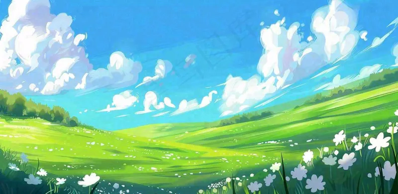 立春 春天背景立春 春天插画春天唯美天空蓝天白云草地手绘风景插画背景(1568x768)