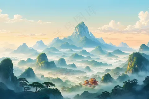 中式山水版画图片