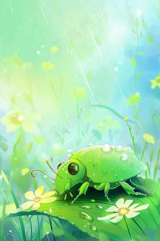春天绿色甲壳虫昆虫草丛花朵雨水谷雨惊蛰卡通插画背景