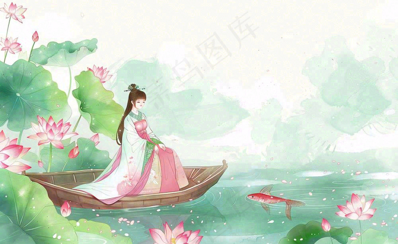 夏日清凉唯美荷花荷叶飘在水面古风少女乘小舟划船卡通人物插画处暑立夏小暑背景(1408x864)