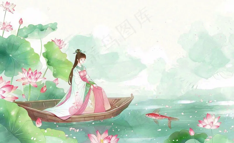 夏日清凉唯美荷花荷叶飘在水面古风少女乘小舟划船卡通人物插画处暑立夏小暑背景(1408x864)