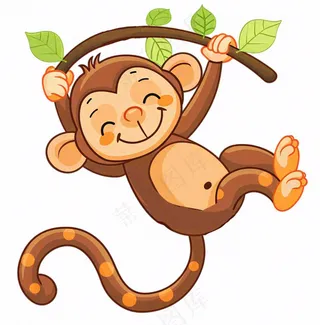 猴子挂着树枝上玩乐动物卡通插画免抠