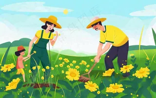 春天一家人在种花植树花丛浇水小满卡通插画背景
