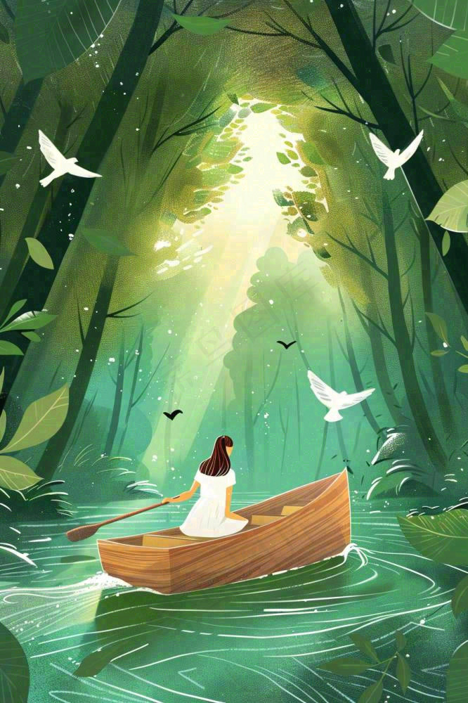 绿色森林少女划船春光波光闪烁春分插画卡通手绘处暑